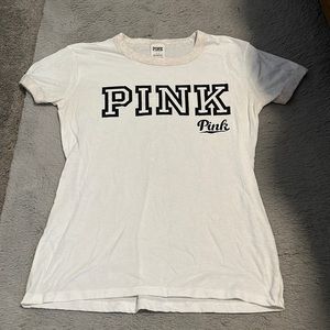 PINK White and Heather Beige Logo Tee
